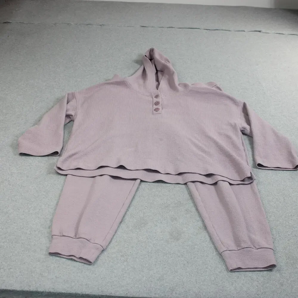 Eileen Fisher Hoodie Jogger Pants Set Women Large Purple Waffle Knit Loungewear